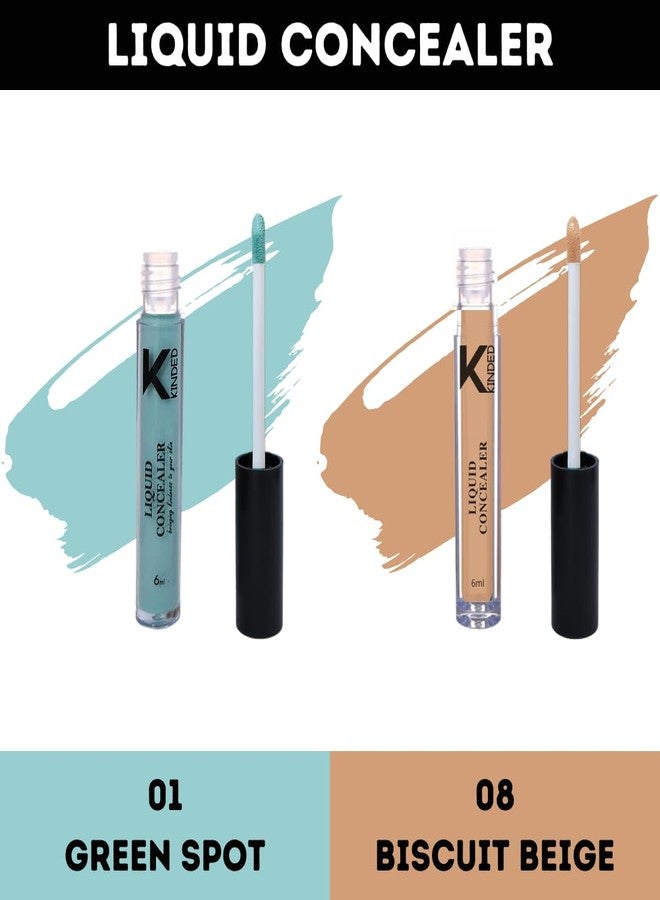 KINDED Liquid Concealer Full Coverage Colour Corrector Contour Waterproof HD Pro Master Series for Dry & Oily Skin Dark Circles & Spots (Creamy Matte, Green Spot & Biscuit Beige Combo, 6 ml each) - Image 2