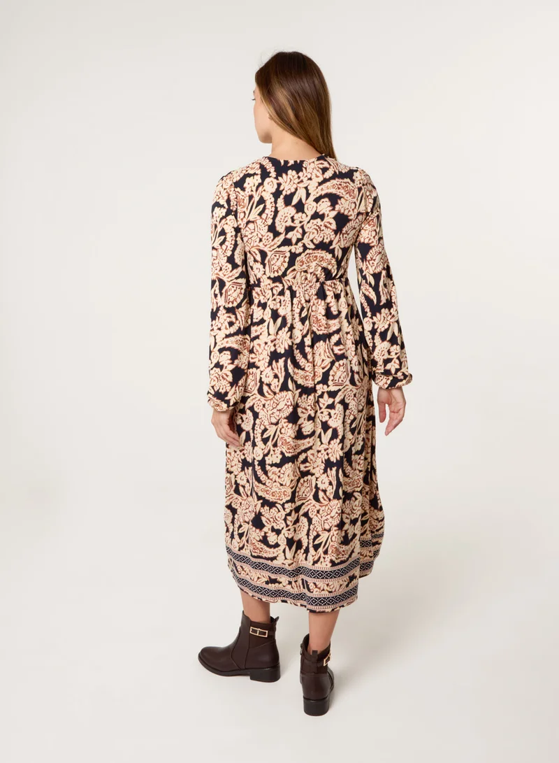 Blue Vanilla V Neck Shirred Border Print Midi Dress