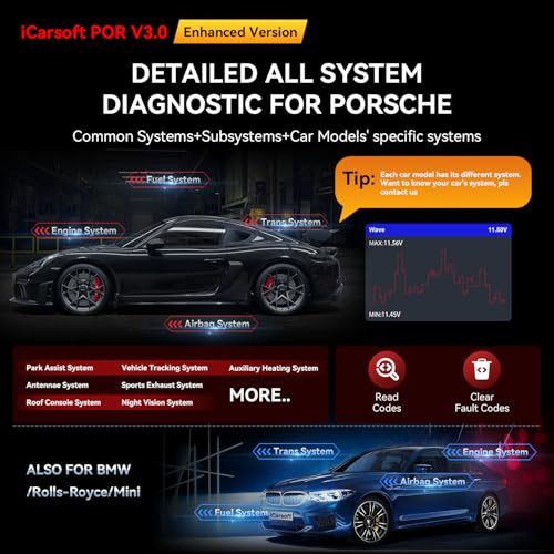 iCarsoft Bidirectional Diagnostic Tool for Porsche/BMW, iCarsoft POR V3.0 (Enhanced Ver) All System OBD2 Scanner Code Reader for Porsche, for BMW, Auto VIN - Image 2