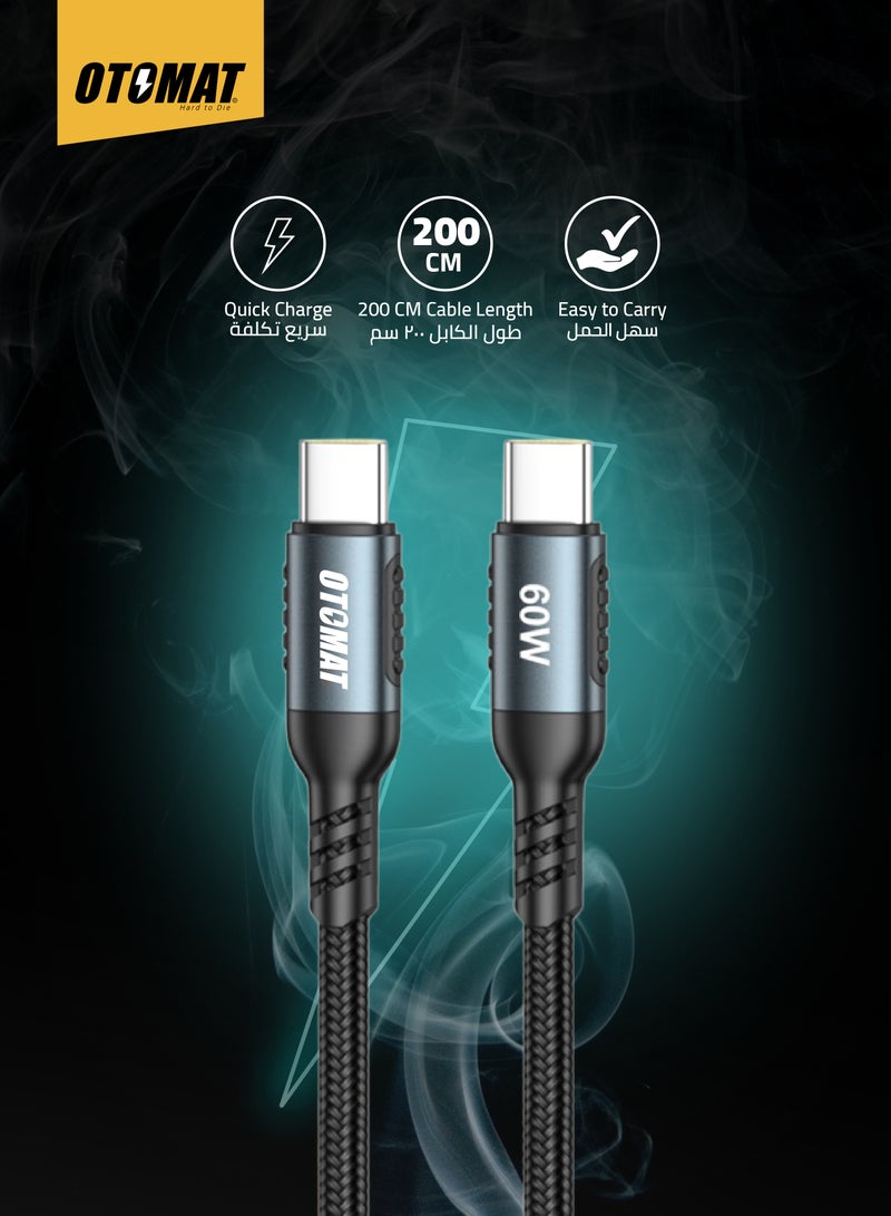 OTOMAT 60W Fast Charging Type C to Type C Cable 2M – Original iPhone Charger, High-Speed Data Transfer, Nylon Braided, Aluminum Alloy, Quick Charge for iPhone, iPad, MacBook, Samsung, Lenovo, Dell, and More – Suitable for All Type C Mobiles, Laptops, Tabs, Power Bank, Car Charger – Black - Image 5