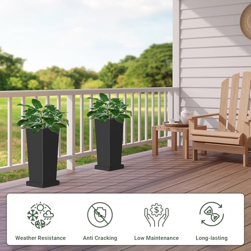 Toriexon Metal Tall Outdoor Planters Set of 2, 18 inch Durable Tall Planters with Rust-Proof Coating & Drainage Insert Shelve & Trays, Black Outdoor Planters for Porch, Garden, Patio, Yard - Image 3