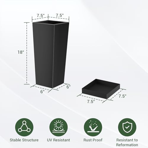 Toriexon Metal Tall Outdoor Planters Set of 2, 18 inch Durable Tall Planters with Rust-Proof Coating & Drainage Insert Shelve & Trays, Black Outdoor Planters for Porch, Garden, Patio, Yard - Image 2
