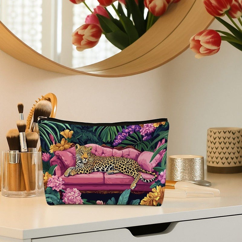 1 Pc 22x18cm Linen Double Sided Print Vintage Wild Leopard Tropical Sofa Makeup Bag Storage Organizer Pouch - Image 2