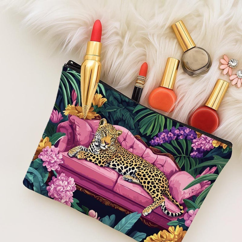 1 Pc 22x18cm Linen Double Sided Print Vintage Wild Leopard Tropical Sofa Makeup Bag Storage Organizer Pouch - Image 3