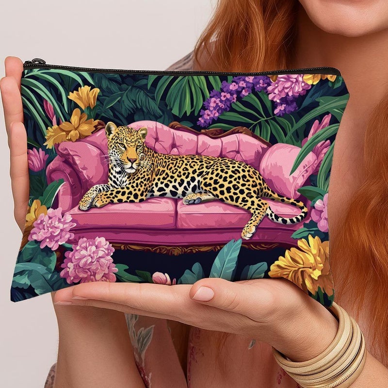 1 Pc 22x18cm Linen Double Sided Print Vintage Wild Leopard Tropical Sofa Makeup Bag Storage Organizer Pouch - Image 1