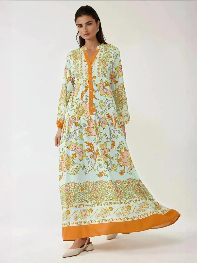 زوبعة فستان ماكسي طويل الأكمام من الفيسكوز مطبوع