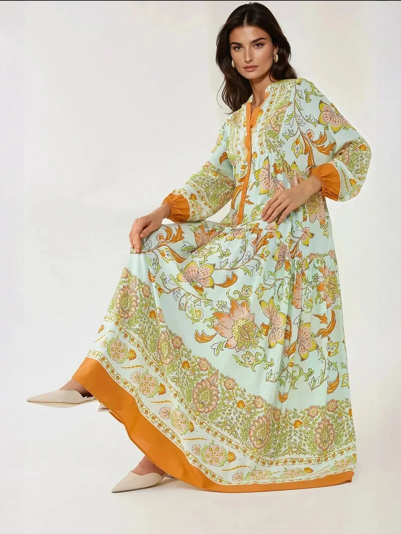 زوبعة فستان ماكسي طويل الأكمام من الفيسكوز مطبوع