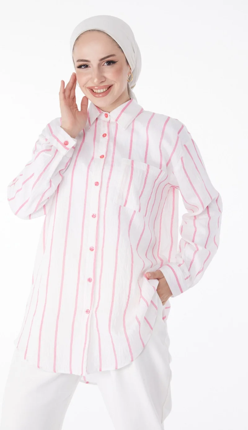 Tofisa Plain Shirt Collar Women's Pink Single Pocket Tunic - 25242