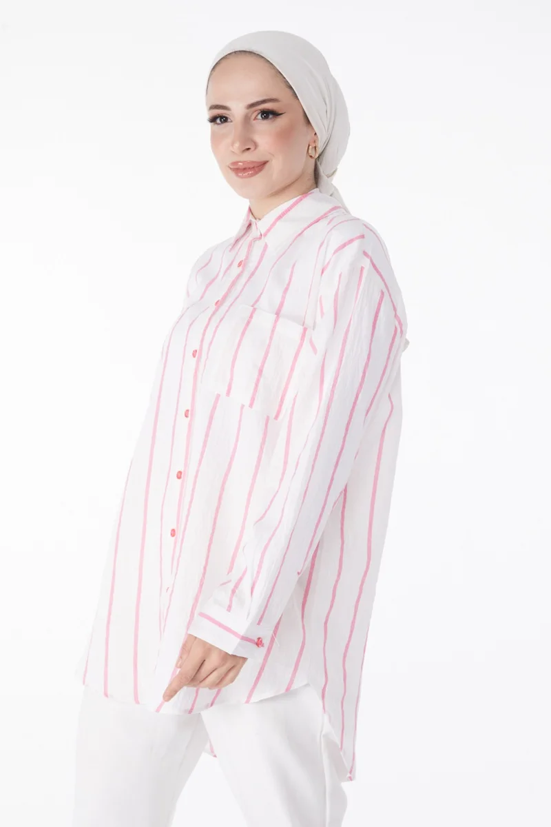 Tofisa Plain Shirt Collar Women's Pink Single Pocket Tunic - 25242