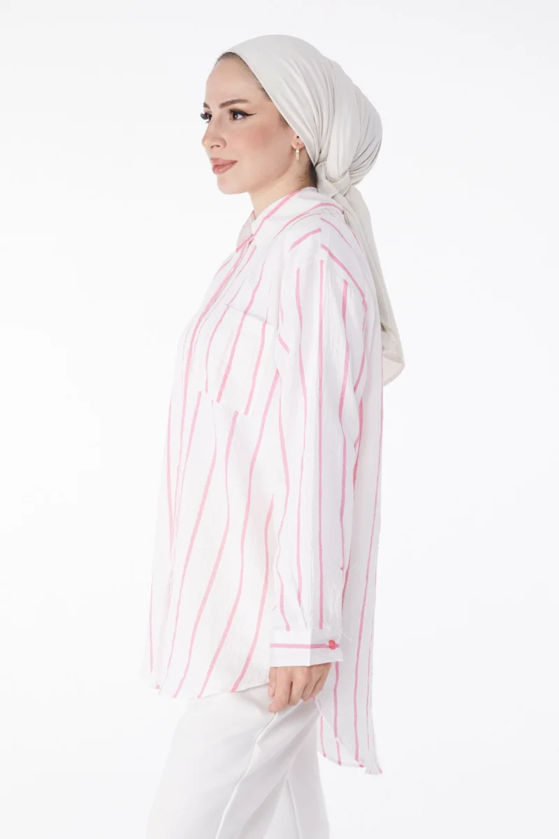 Tofisa Plain Shirt Collar Women's Pink Single Pocket Tunic - 25242