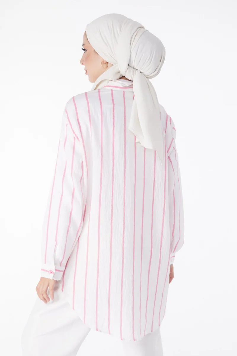 Tofisa Plain Shirt Collar Women's Pink Single Pocket Tunic - 25242