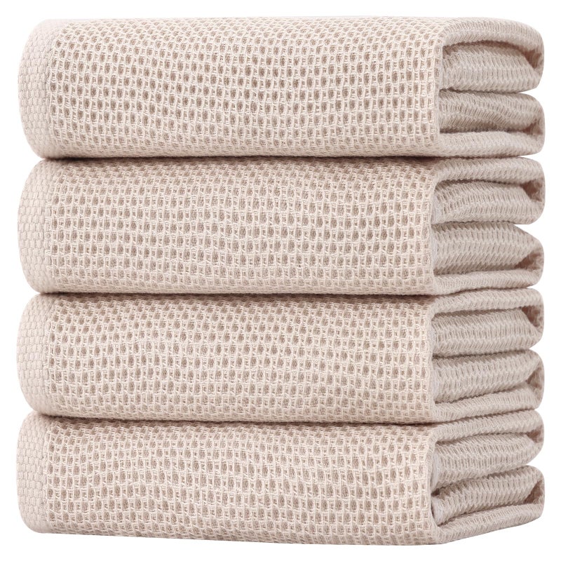 Homaxy 100% Cotton Oversized Waffle Weave Kitchen Dish Towels, Ultra Soft Absorbent Quick Drying Cleaning Towel, 20 x 28 Inches, 4-Pack, Beige - Image 1
