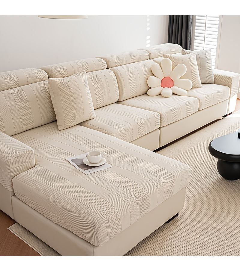 Deep Gray Solid Elastic Jacquard Shaggy Sofa Back Cover Non Slip Durable - Image 1