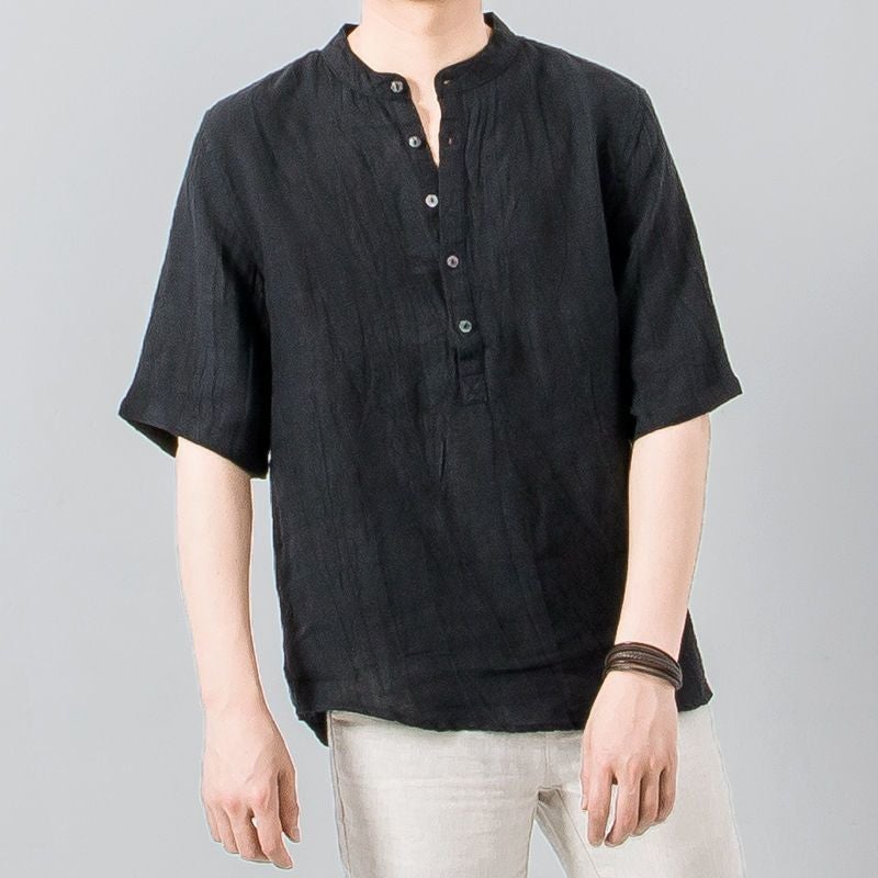 Pure Linen Short-Sleeved T-Shirt Men'S Summer Chinese-Style Loose Thin V-Neck Top Retro Casual Half-Sleeved Linen T-Shirt - Image 1
