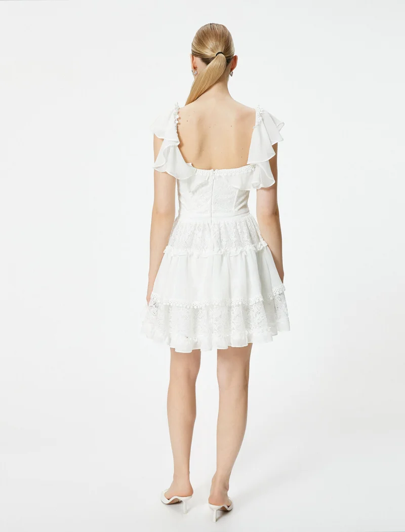 KOTON Cotton Mini Lace Dress Layered Draped Short Tulle Sleeves Heart Neck Lined