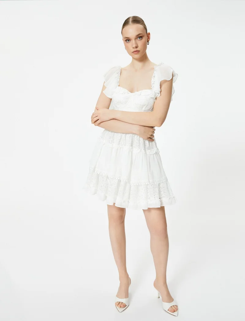 KOTON Cotton Mini Lace Dress Layered Draped Short Tulle Sleeves Heart Neck Lined