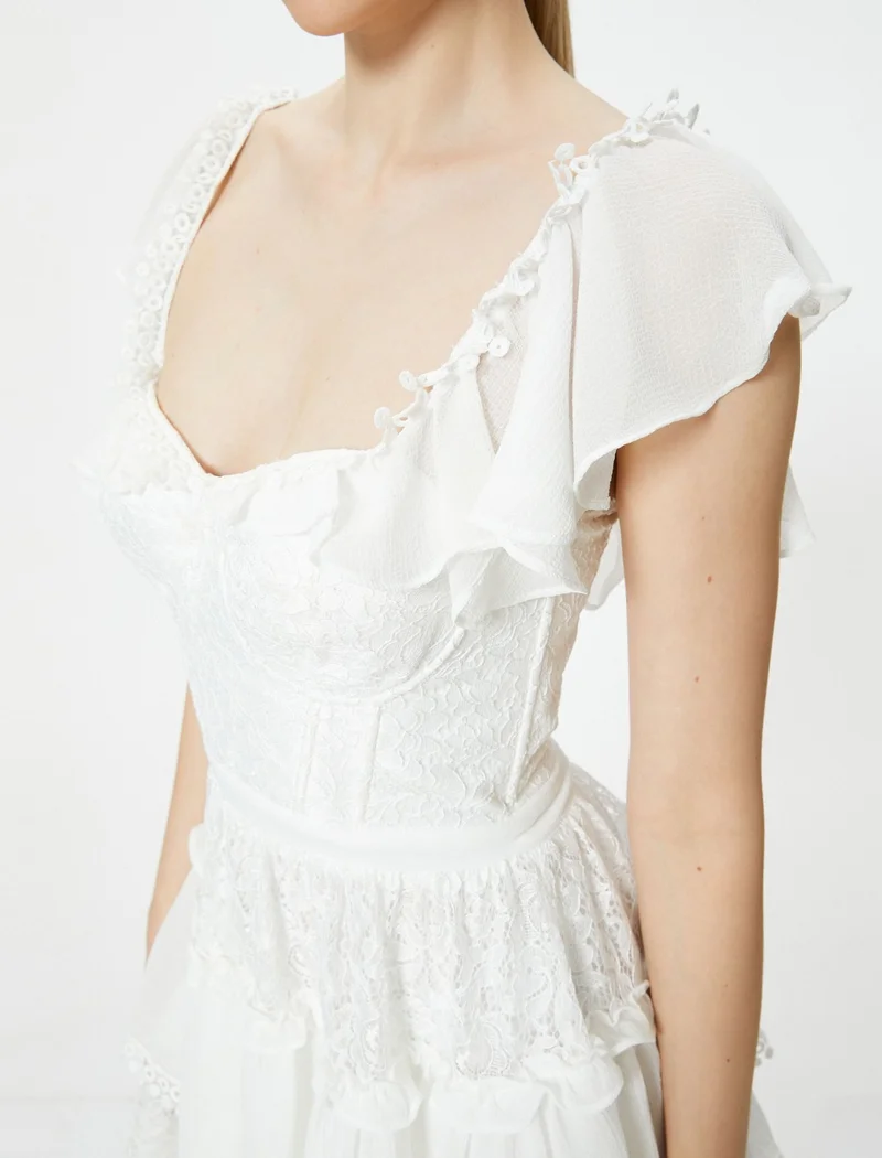 KOTON Cotton Mini Lace Dress Layered Draped Short Tulle Sleeves Heart Neck Lined