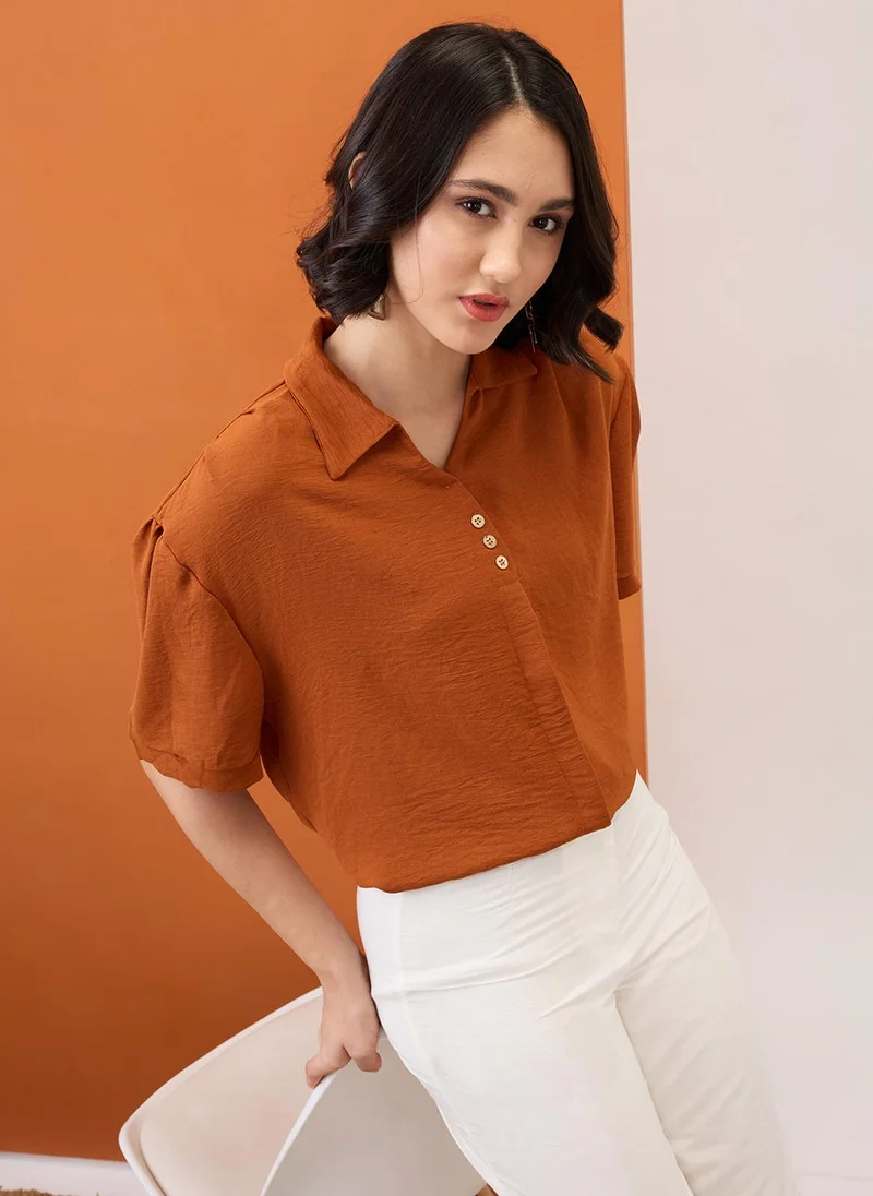 globus Globus Women Brown Collared Neck Drop-Shoulder Sleeves Shirt Style Workwear Top