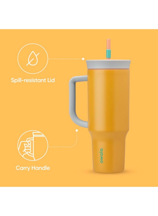 Owala - Owala Stainless Steel Triple Layer Insulated Travel Tumbler with Spill Resistant Lid, Straw, and Carry Handle, BPA Free, 40 oz, Orange (Tropical) - Image 1