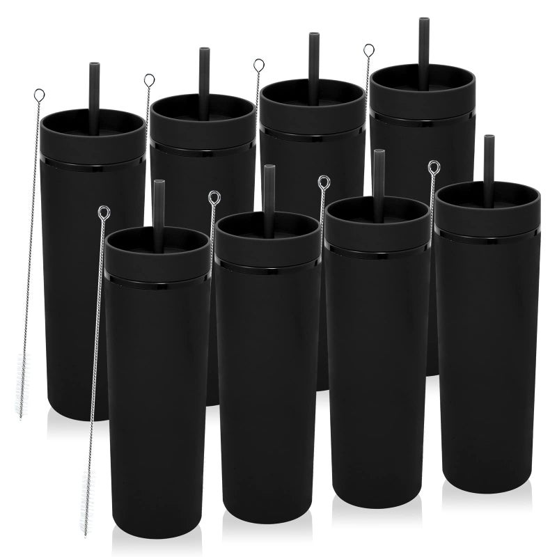 Volhoply 20oz Tumbler with Lid and Straw 8 PackDouble Wall Plastic Skinny Tumblers BulkBPA Free Matte Acrylic Water Cups for PartiesBlack8 Set