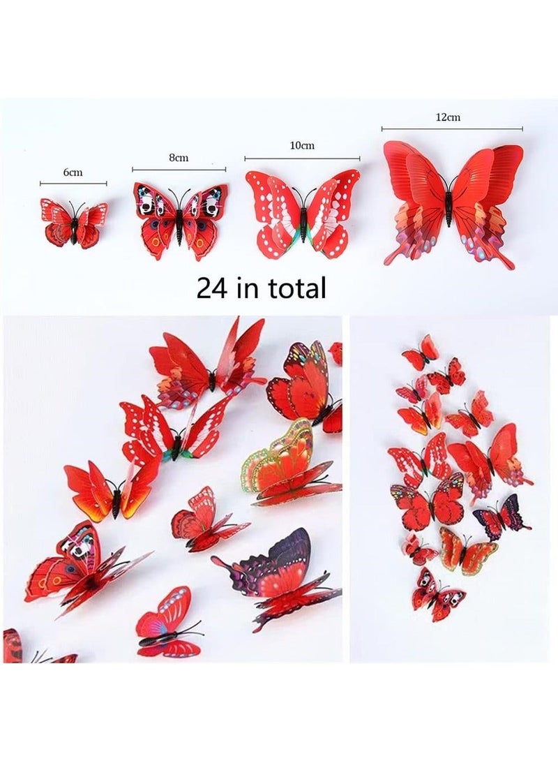 كابتن تيك 3D Butterfly Wall Decals Removable Butterfly Decor Simulation Butterfly for Girls Stickers Kids Bedroom and Room Wall Decoration Art Mural Double Wings 24 Pcs Red - Image 2