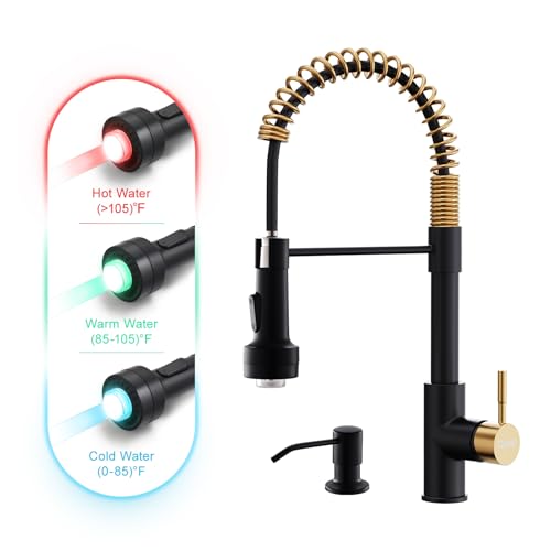 GIMILI Black and Gold Kitchen Faucet with Soap Dispenser Single Hole Pull Down Sprayer LED Faucet Suitable for Farmhouses RV Laundry Room Outdoor and Campers Llave para fregadero de cocina - Image 1