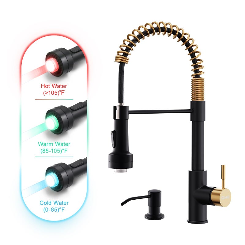 GIMILI Black and Gold Kitchen Faucet with Soap Dispenser Single Hole Pull Down Sprayer LED Faucet Suitable for Farmhouses RV Laundry Room Outdoor and Campers Llave para fregadero de cocina - Image 2