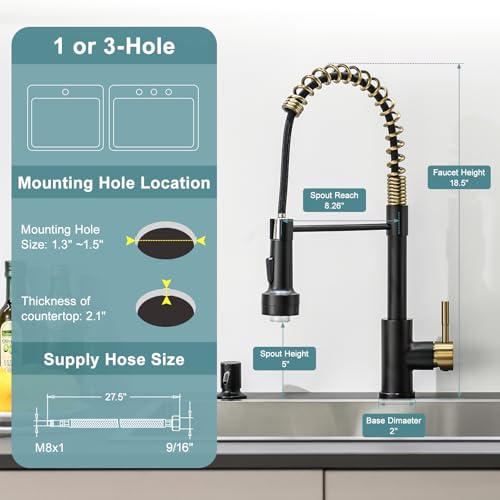 GIMILI Black and Gold Kitchen Faucet with Soap Dispenser Single Hole Pull Down Sprayer LED Faucet Suitable for Farmhouses RV Laundry Room Outdoor and Campers Llave para fregadero de cocina - Image 3
