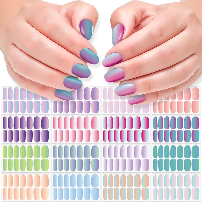 DANNEASY 16 Sheets Mermaid Color Nail Wraps Gel Nail Polish Stickers Self Adhesive Nail Polish Strips Ombre Fingernail Sticker Nails for Women with Nail File, Cuticle Stick