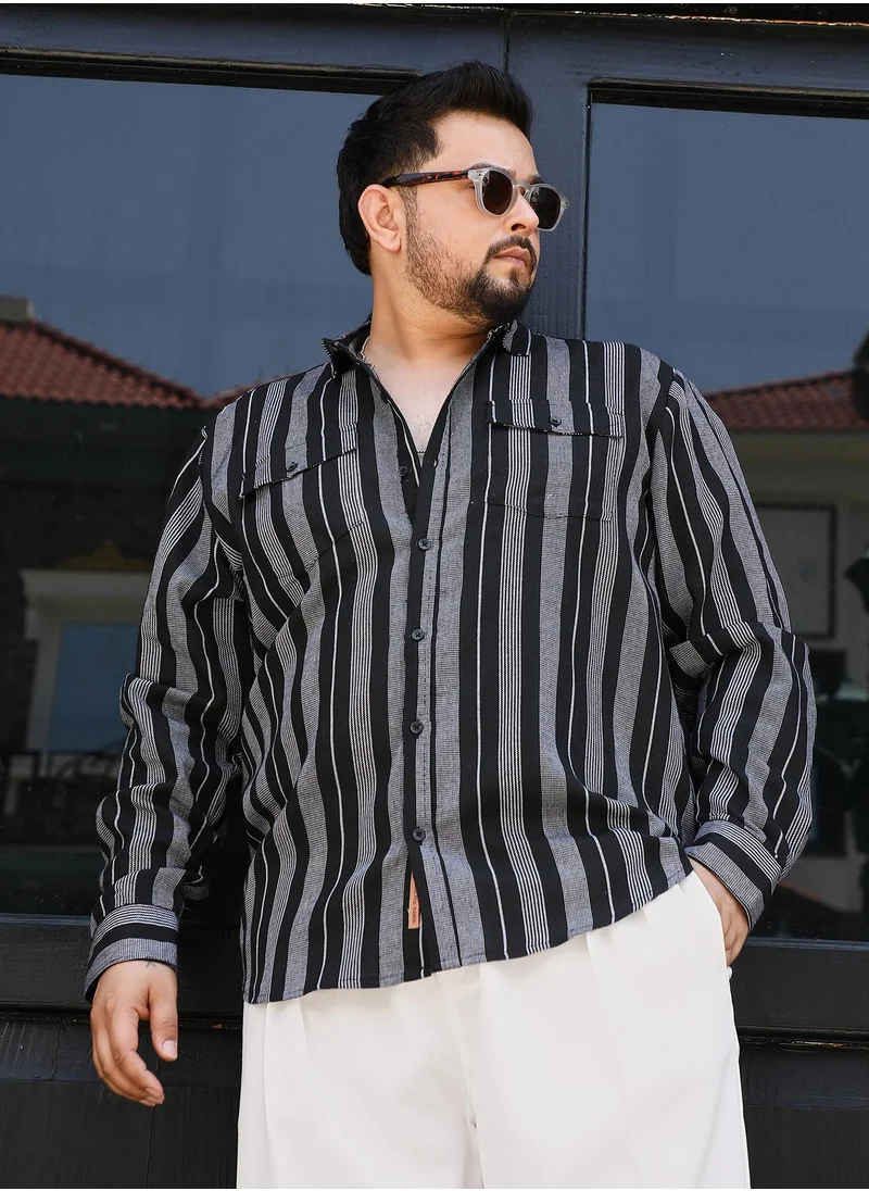 انستافاب بلس Instafab Plus Men's Grey & Black Utility Multitrack-Striped Shirt For Casual Wear | Spread Collar | Long Sleeves | Button Closure | Plus Size Shirt Crafted With Comfort Fit For Everyday Wear