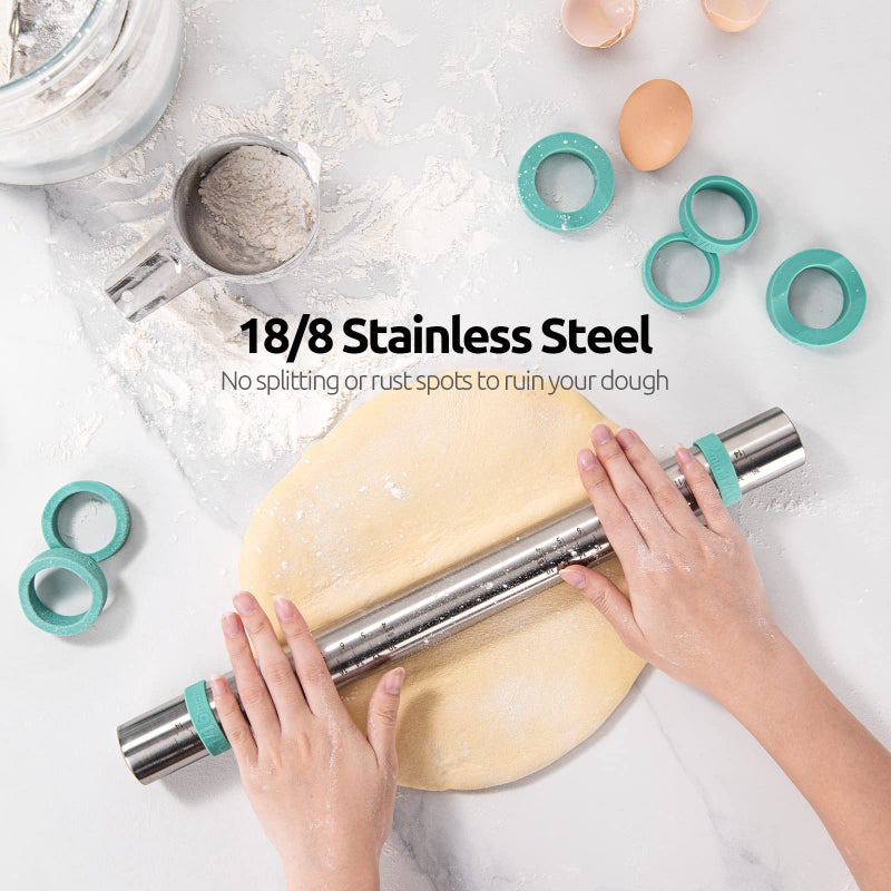 U-Taste 18/8 Stainless Steel 16 inch Adjustable Rolling Pin with Silicone Removable Thickness Rings, Nonstick Kitchen Roller Pin for Baking Cookies Pastry Pizza Pasta Dough Fondant (Teal/Aqua Sky) - Image 3