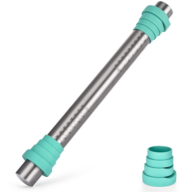 U-Taste 18/8 Stainless Steel 16 inch Adjustable Rolling Pin with Silicone Removable Thickness Rings, Nonstick Kitchen Roller Pin for Baking Cookies Pastry Pizza Pasta Dough Fondant (Teal/Aqua Sky) - Image 1