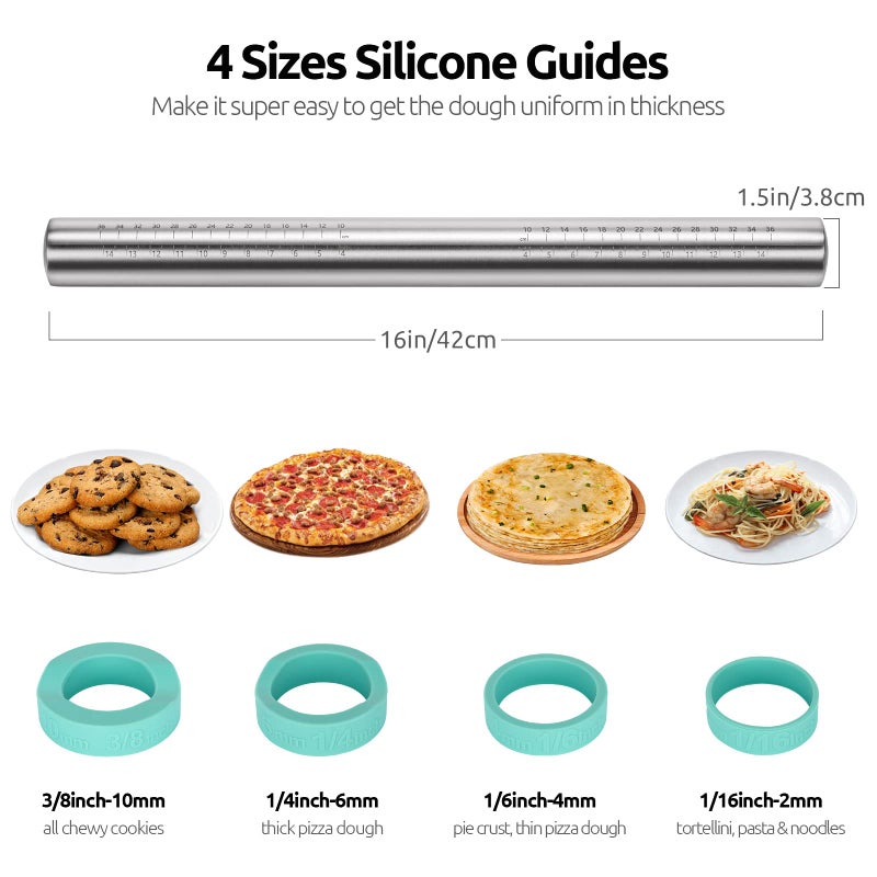 U-Taste 18/8 Stainless Steel 16 inch Adjustable Rolling Pin with Silicone Removable Thickness Rings, Nonstick Kitchen Roller Pin for Baking Cookies Pastry Pizza Pasta Dough Fondant (Teal/Aqua Sky) - Image 2