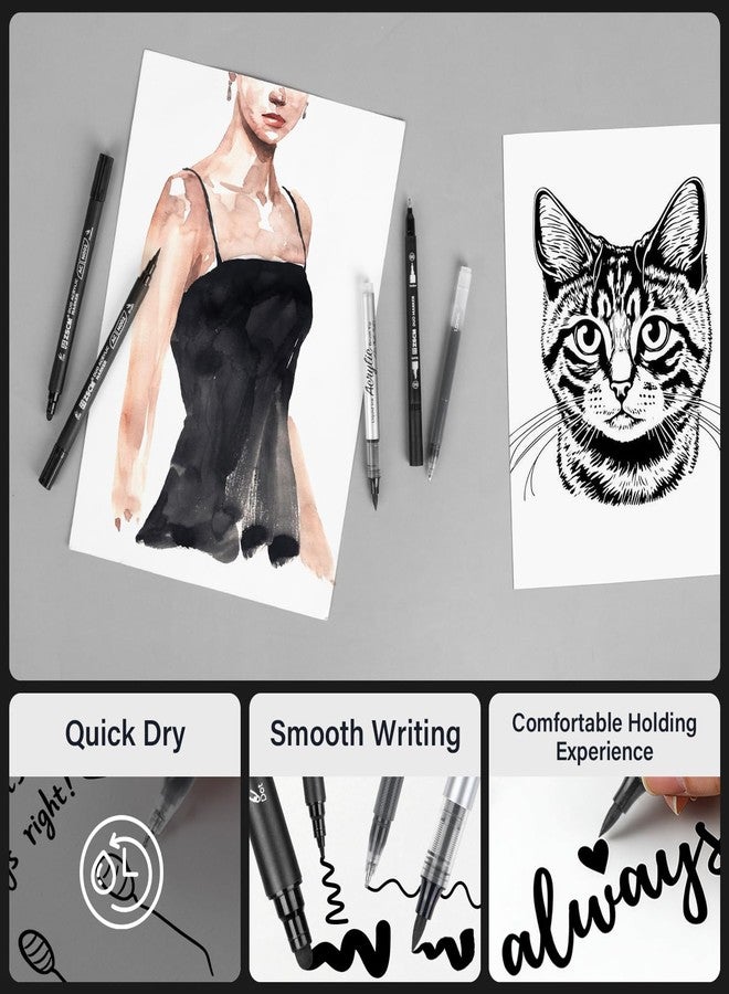 ZSCM 5 Pack Black Acrylic Ink Pens for Drawing, Fine Point Black Gel Pens, Brush Tip Markers，Dual-Tip Opaque Acrylic Markers for Highlighting Drawing, Sketching, Illustration, Card Making - Image 4