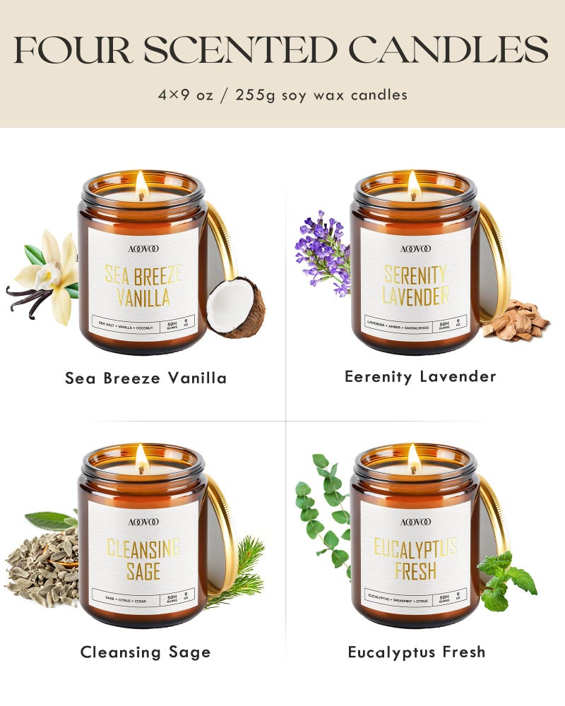 AOOVOO Scented Candles - 4PC Candle Set, 36 oz Soy Candles, Soy Candle for Home Scented, Lavender/Vanilla/Eucalyptus/Sage - Image 4