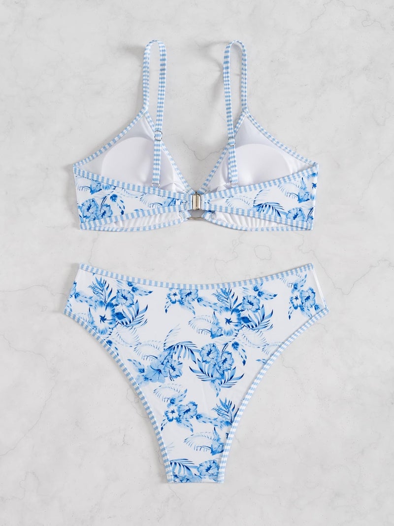 Fanuerg Women's Triangle Bikini Sets O Ring Linked Two Piece Swimsuits Light Blue Floral Printed Cheeky Bathing Suit M - Image 5
