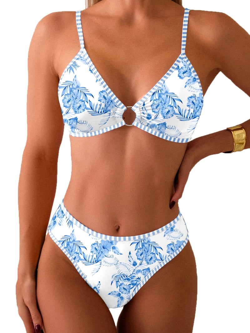 Fanuerg Women's Triangle Bikini Sets O Ring Linked Two Piece Swimsuits Light Blue Floral Printed Cheeky Bathing Suit M - Image 1