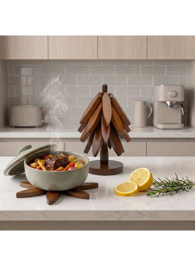 NORDORA Wooden Tree Trivet Set – 4 Tree-Shaped Coasters & 1 Stand for Hot Pots, Dishes | Heat-Resistant, Space-Saving Pot Rest & Cozy Kitchen Decor, Tree Trivets for Counter + Special Bonus (Walnut) - Image 2