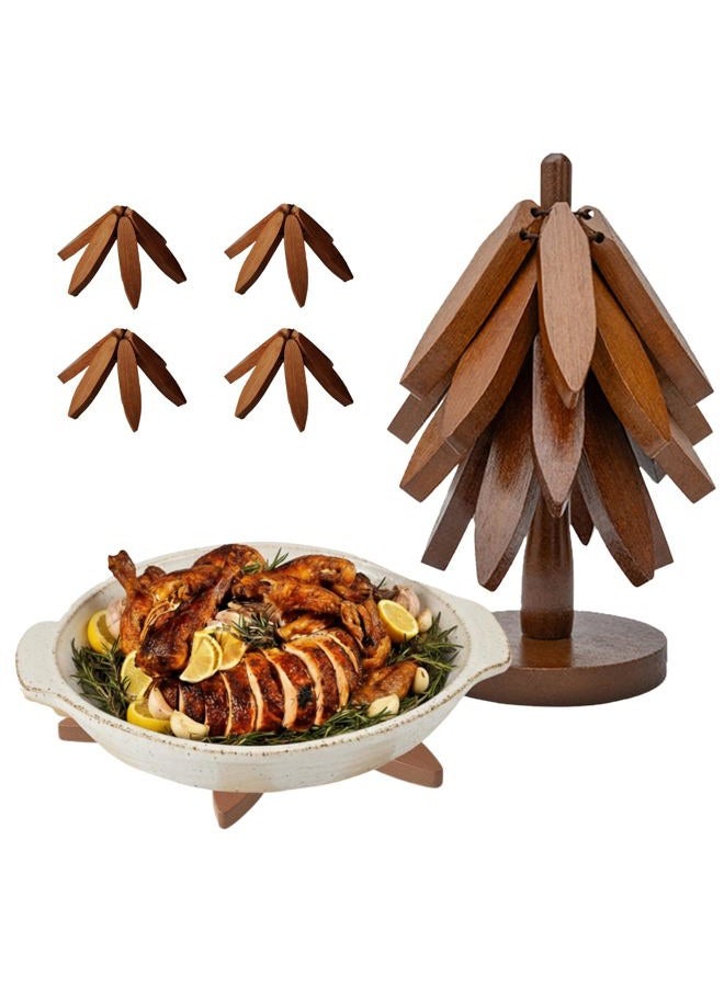 NORDORA Wooden Tree Trivet Set – 4 Tree-Shaped Coasters & 1 Stand for Hot Pots, Dishes | Heat-Resistant, Space-Saving Pot Rest & Cozy Kitchen Decor, Tree Trivets for Counter + Special Bonus (Walnut) - Image 1