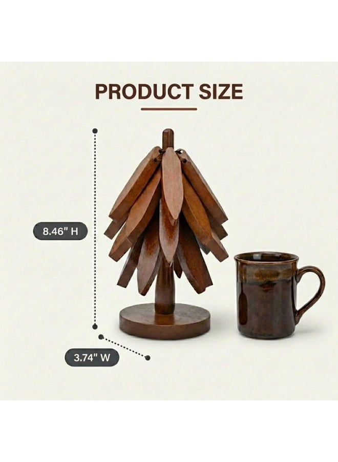 NORDORA Wooden Tree Trivet Set – 4 Tree-Shaped Coasters & 1 Stand for Hot Pots, Dishes | Heat-Resistant, Space-Saving Pot Rest & Cozy Kitchen Decor, Tree Trivets for Counter + Special Bonus (Walnut) - Image 3
