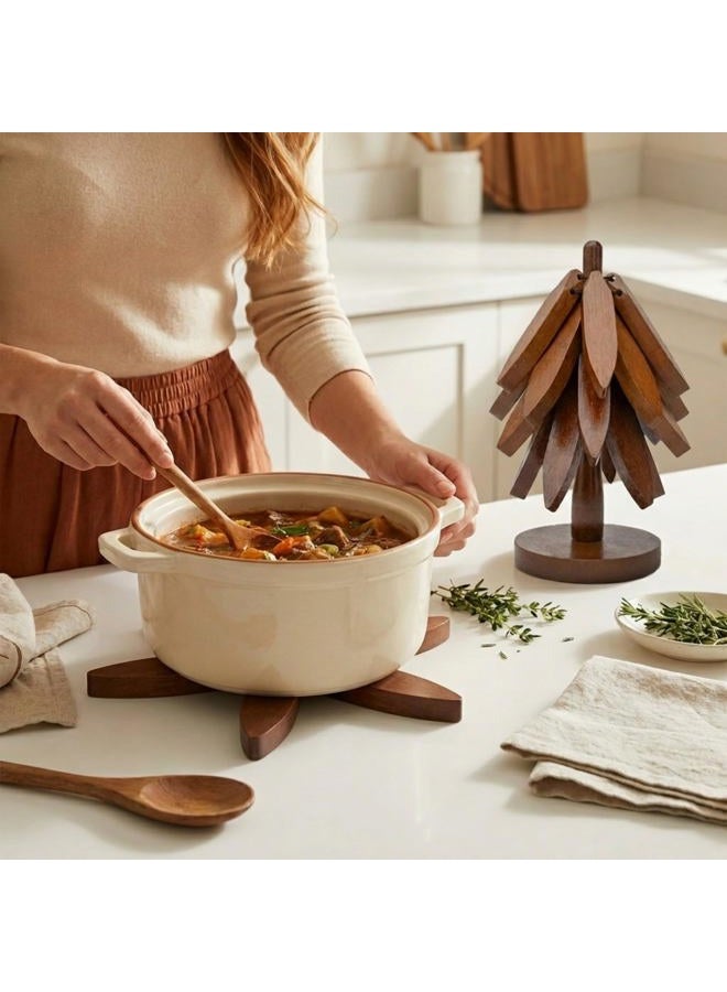 NORDORA Wooden Tree Trivet Set – 4 Tree-Shaped Coasters & 1 Stand for Hot Pots, Dishes | Heat-Resistant, Space-Saving Pot Rest & Cozy Kitchen Decor, Tree Trivets for Counter + Special Bonus (Walnut) - Image 5