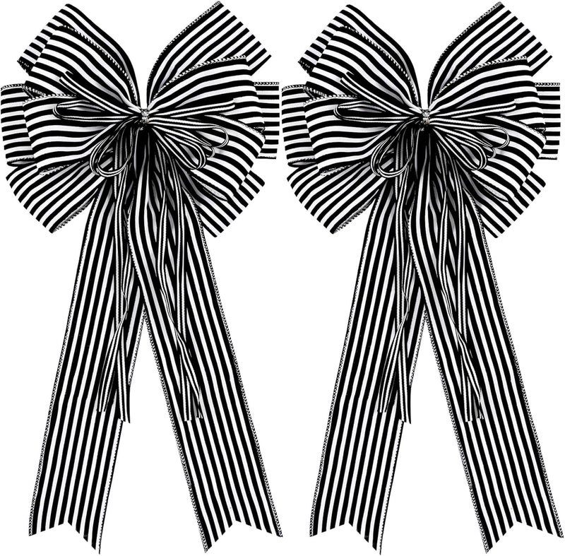 Hongsome 2 Pack Black White Stripe Halloween Fall Bows for Wreaths,12”x20”Black and White Christmas Decorations Bow for Tree Topper Gothic Spooky Holiday Birthday Party Wall Home Front Door - Image 1