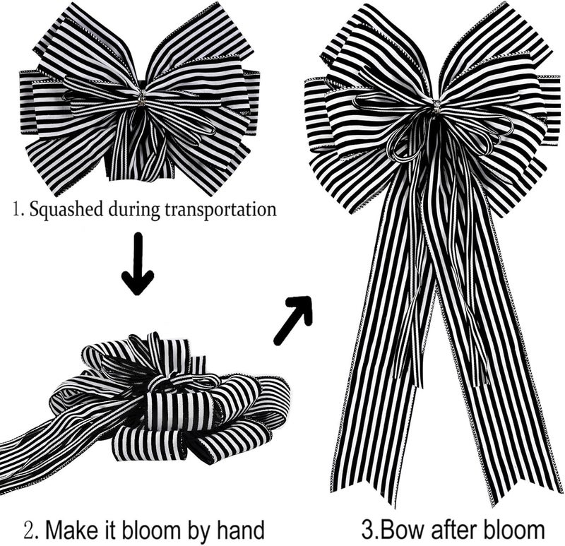 Hongsome 2 Pack Black White Stripe Halloween Fall Bows for Wreaths,12”x20”Black and White Christmas Decorations Bow for Tree Topper Gothic Spooky Holiday Birthday Party Wall Home Front Door - Image 4