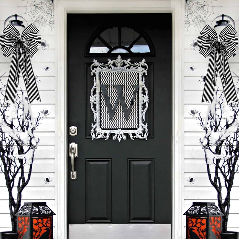 Hongsome 2 Pack Black White Stripe Halloween Fall Bows for Wreaths,12”x20”Black and White Christmas Decorations Bow for Tree Topper Gothic Spooky Holiday Birthday Party Wall Home Front Door - Image 5