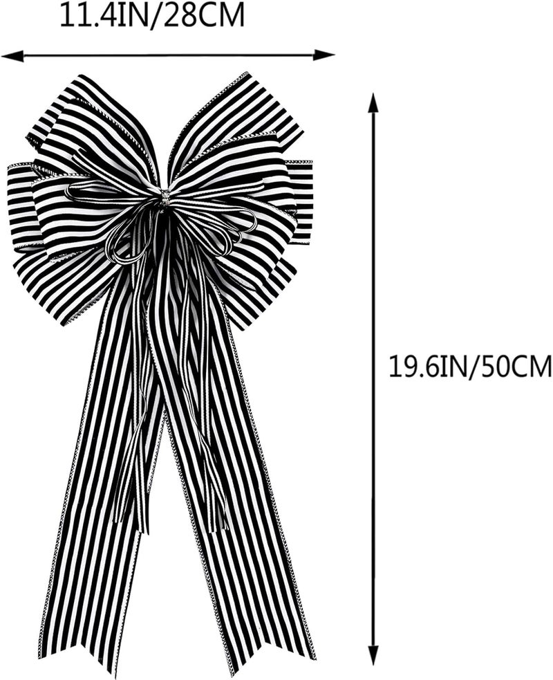 Hongsome 2 Pack Black White Stripe Halloween Fall Bows for Wreaths,12”x20”Black and White Christmas Decorations Bow for Tree Topper Gothic Spooky Holiday Birthday Party Wall Home Front Door - Image 2