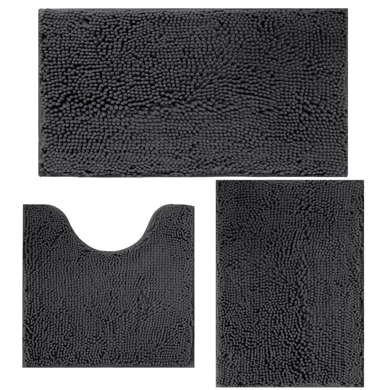 Flotstiga 3 Piece Bathroom Rugs Set, Non-Slip Bath Mats with PVC Backing, Super Absorbent Washable Plush Carpet, Soft Shag Rug for Bathroom Bedroom Kitchen Home Decor (Dark Grey) - Image 1