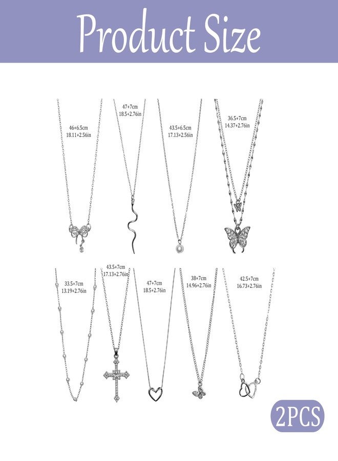 CZMZHFC 9 Pcs Y2K Necklace Set for Women, Goth Grunge Jewelry with Gothic Cross, Fairy Angel, Heart Wings, Butterfly, Pink Rhinestone Pendant and Choker for Friends Family on Birthday Holiday (Sivcer 2) - Image 2