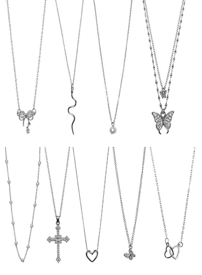 CZMZHFC 9 Pcs Y2K Necklace Set for Women, Goth Grunge Jewelry with Gothic Cross, Fairy Angel, Heart Wings, Butterfly, Pink Rhinestone Pendant and Choker for Friends Family on Birthday Holiday (Sivcer 2) - Image 1