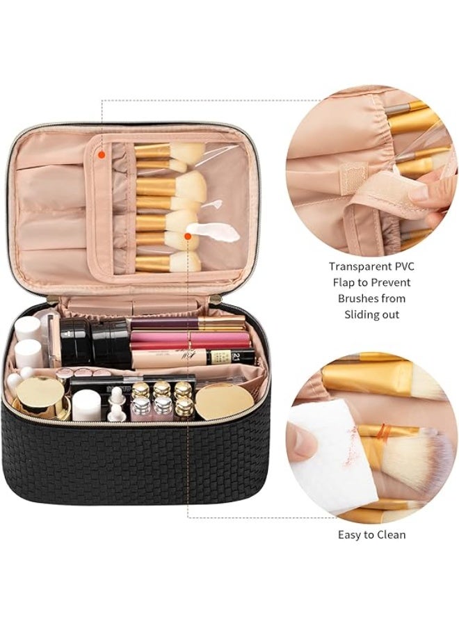Makeup Bag, Portable Cosmetic Bag, Large Capacity Travel Makeup Case Organizer, Black Makeup Bags For Women Toiletry Bag for Girls Traveling With Handle and Divider - Image 2