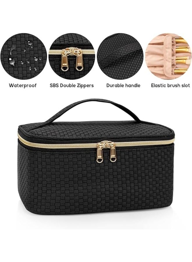 Makeup Bag, Portable Cosmetic Bag, Large Capacity Travel Makeup Case Organizer, Black Makeup Bags For Women Toiletry Bag for Girls Traveling With Handle and Divider - Image 5